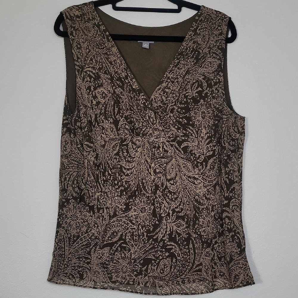 Y2K Ann Taylor 100% Silk Tank Top Size 12 Dark Floral Brown VNeck Whimsigoth